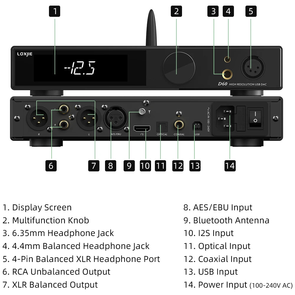 LOXJIE D60 Audio DAC & HP Amplifier ES9039MSPRO XU 316 DSD512 Bluetooth 5.1