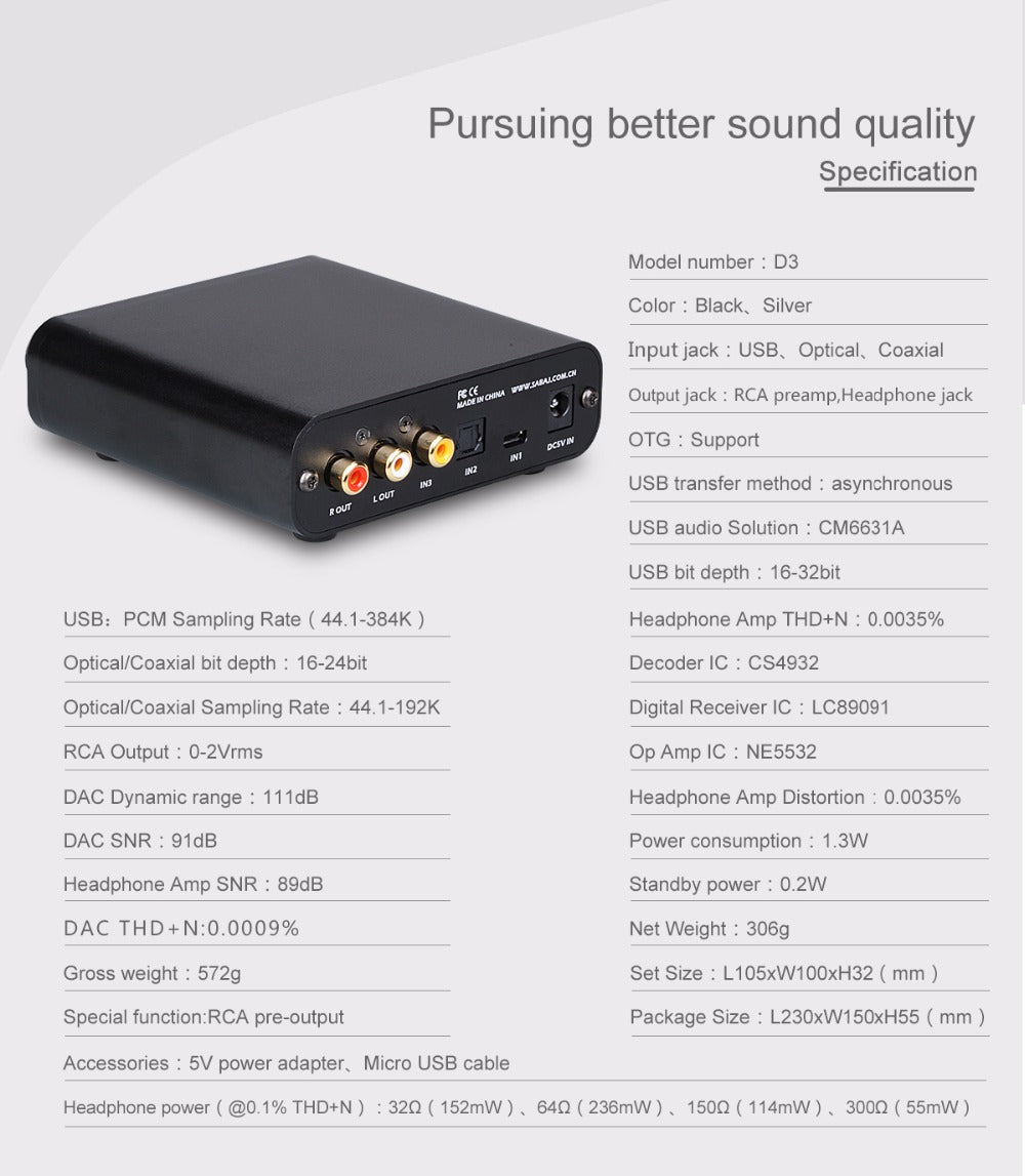 Sabaj D3 Audio DAC and Headphone Amplifier with 3.5mm Jack - Hifi-express